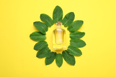 Photo of Bottle of essential oil and mint on yellow background, flat lay