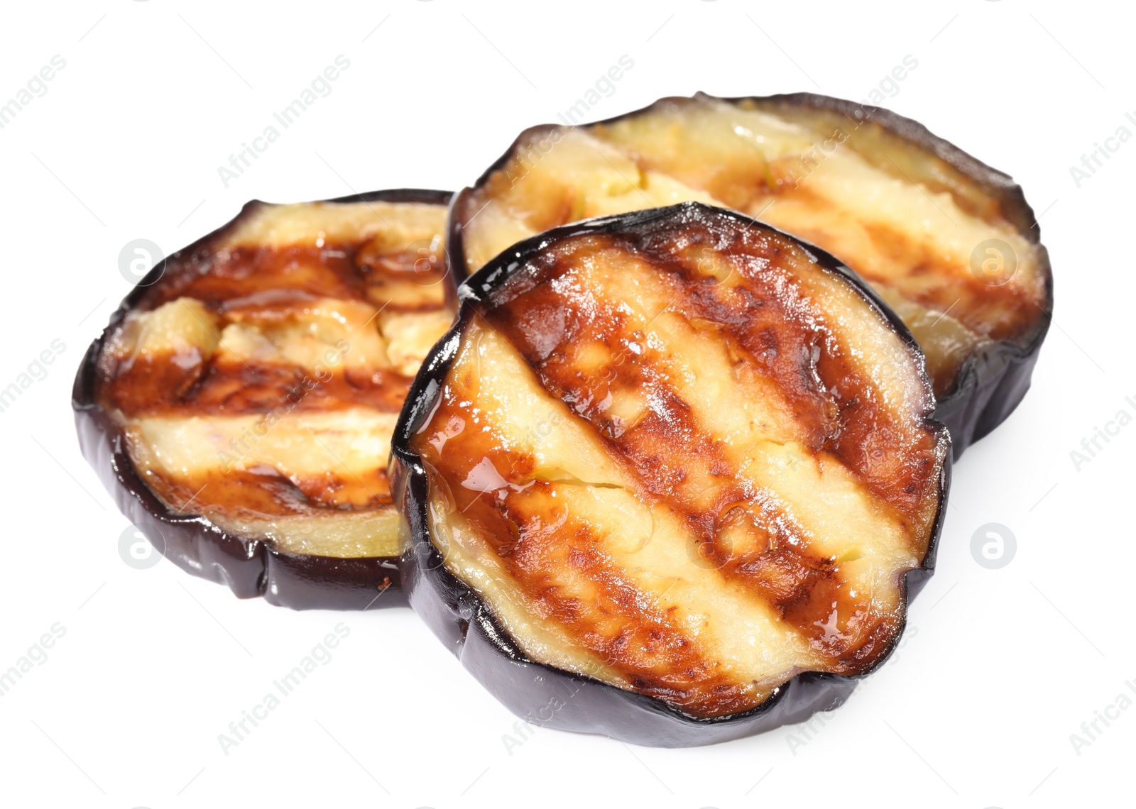 Photo of Slices of tasty grilled eggplant isolated on white