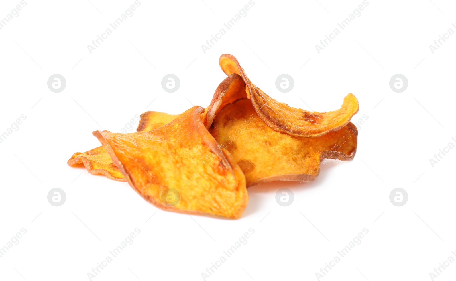 Photo of Pile of sweet potato chips isolated on white