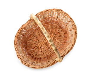 Photo of Wicker basket with handle isolated on white, top view