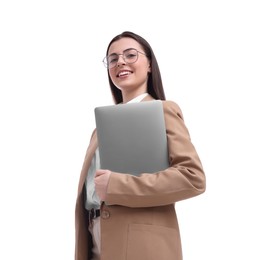 Photo of Beautiful businesswoman with laptop on white background, low angle view
