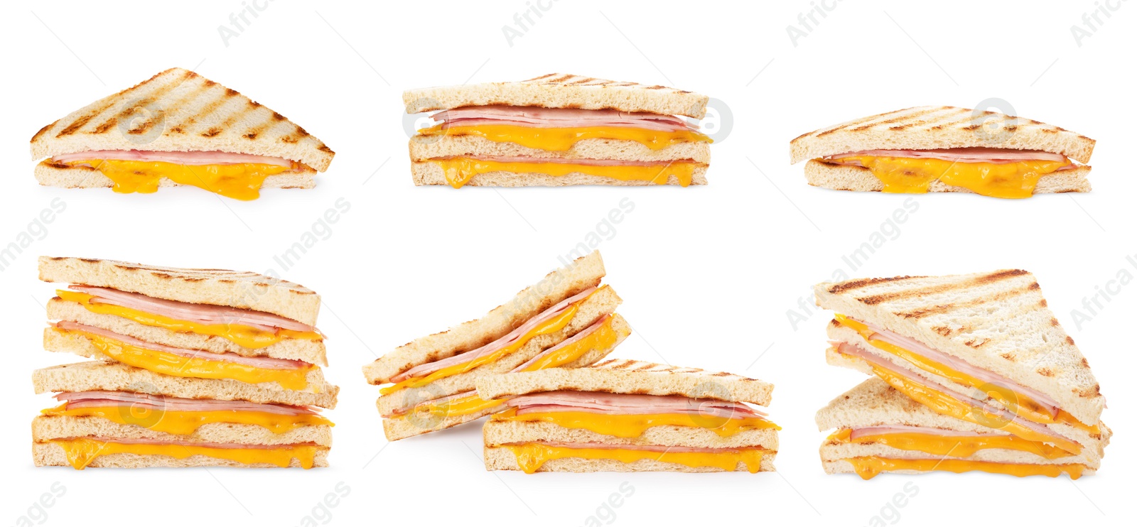 Image of Tasty grilled sandwiches with ham and melted cheese isolated on white, collection