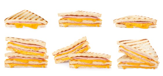 Image of Tasty grilled sandwiches with ham and melted cheese isolated on white, collection