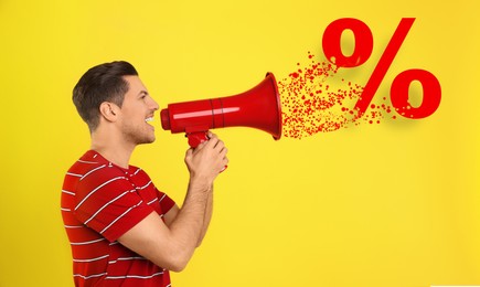 Image of Discount offer. Man shouting into megaphone on yellow background. Percent sign coming out from device