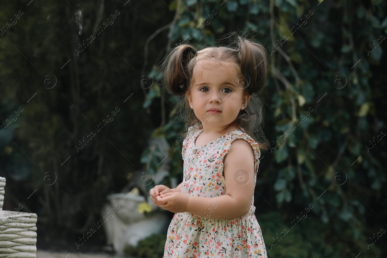 Photo of Cute little girl in park, space for text