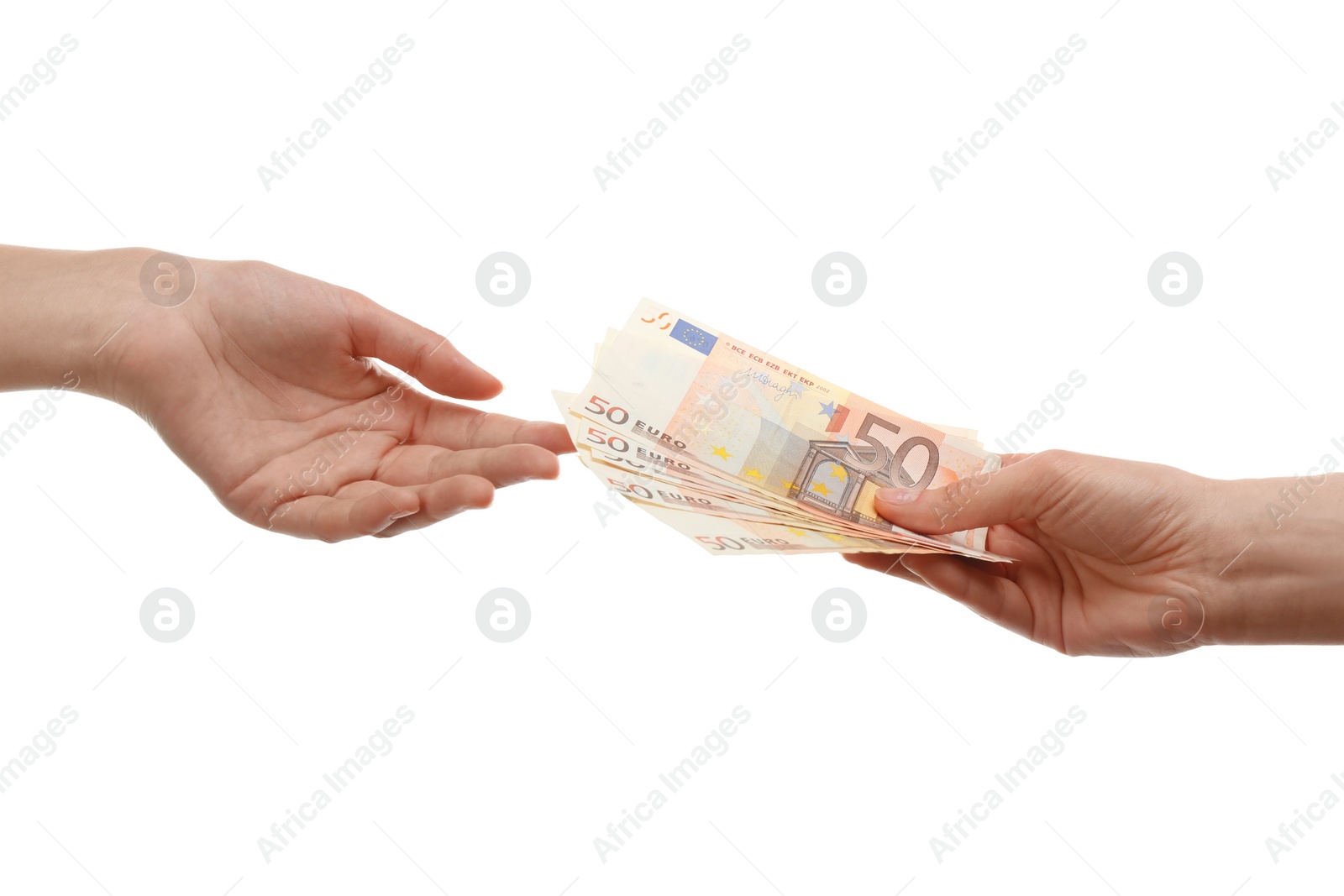Photo of Woman giving money on white background, closeup