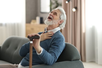 Portrait of happy grandpa with walking cane sitting on sofa indoors