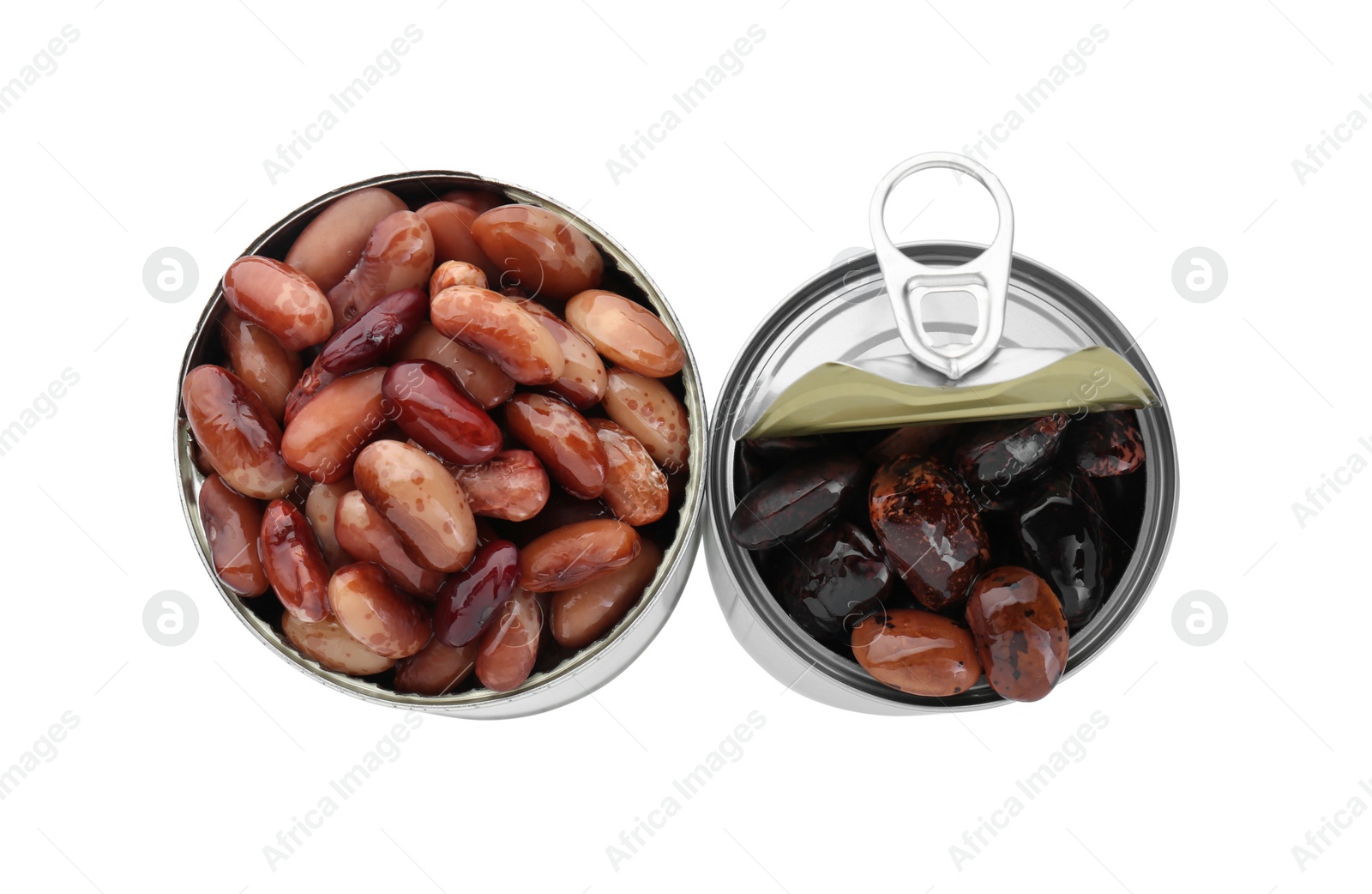Photo of Tin cans with different kidney beans on white background, top view