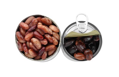 Photo of Tin cans with different kidney beans on white background, top view