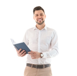 Portrait of male teacher with book on white background