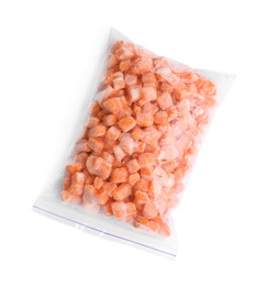 Photo of Frozen carrots in plastic bag isolated on white, top view. Vegetable preservation