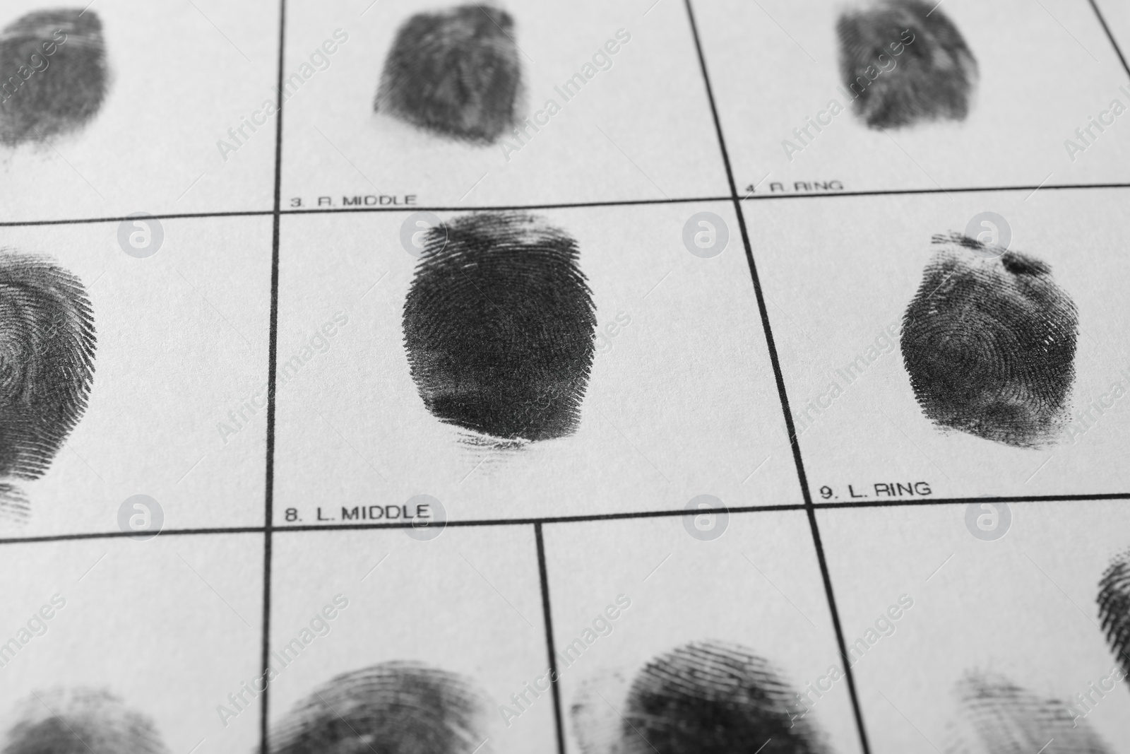 Photo of Police form with fingerprints, closeup. Forensic examination