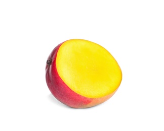 Photo of Cut fresh juicy mango on white background