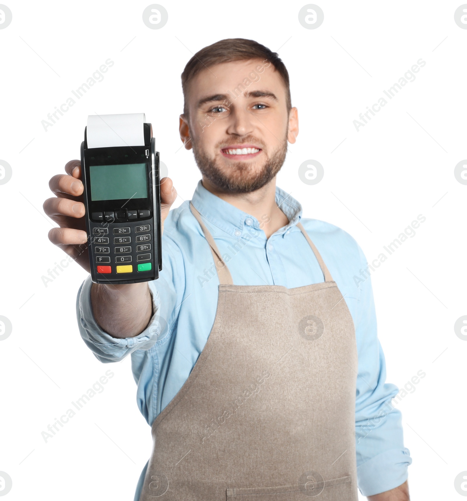 Photo of Young seller holding payment terminal isolated on white. Space for text
