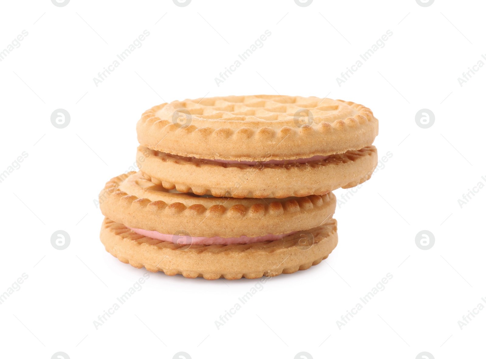 Photo of Tasty sandwich cookies with cream isolated on white