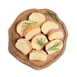 Photo of Cut delicious French baguette with rosemary isolated on white, top view