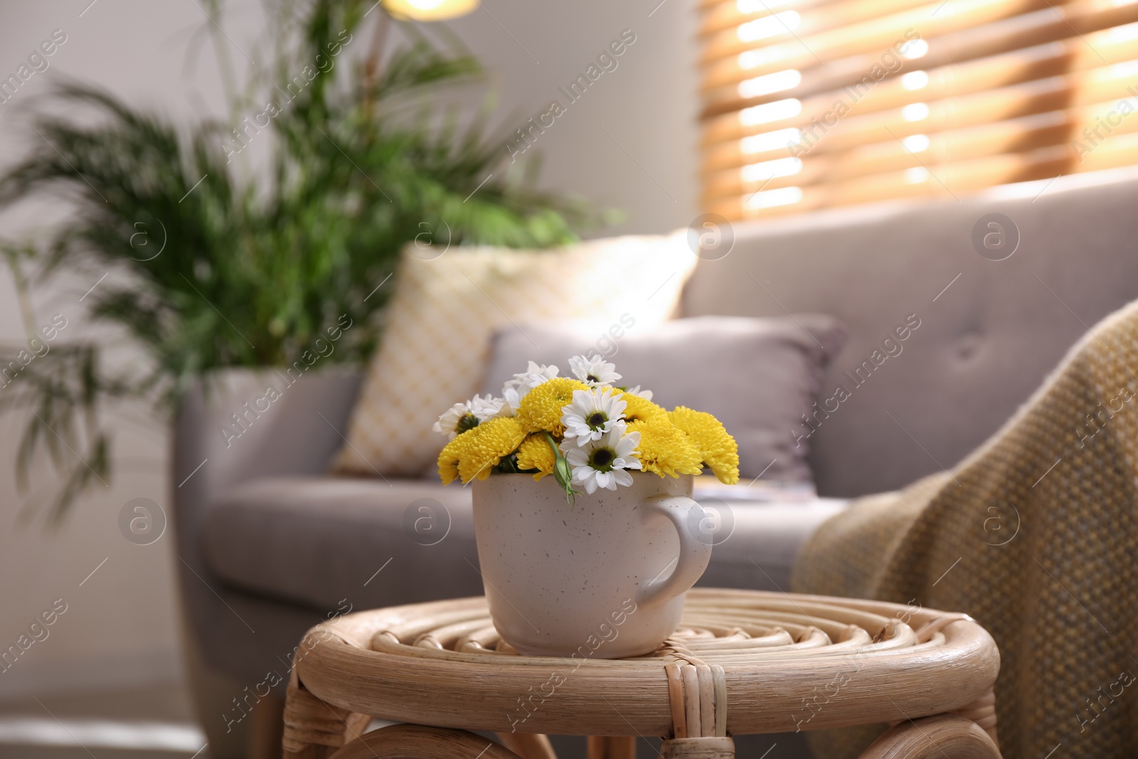 Photo of Cup with beautiful bright flowers on table in living room