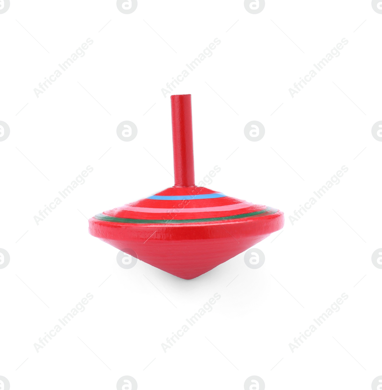 Photo of One bright spinning top isolated on white. Toy whirligig