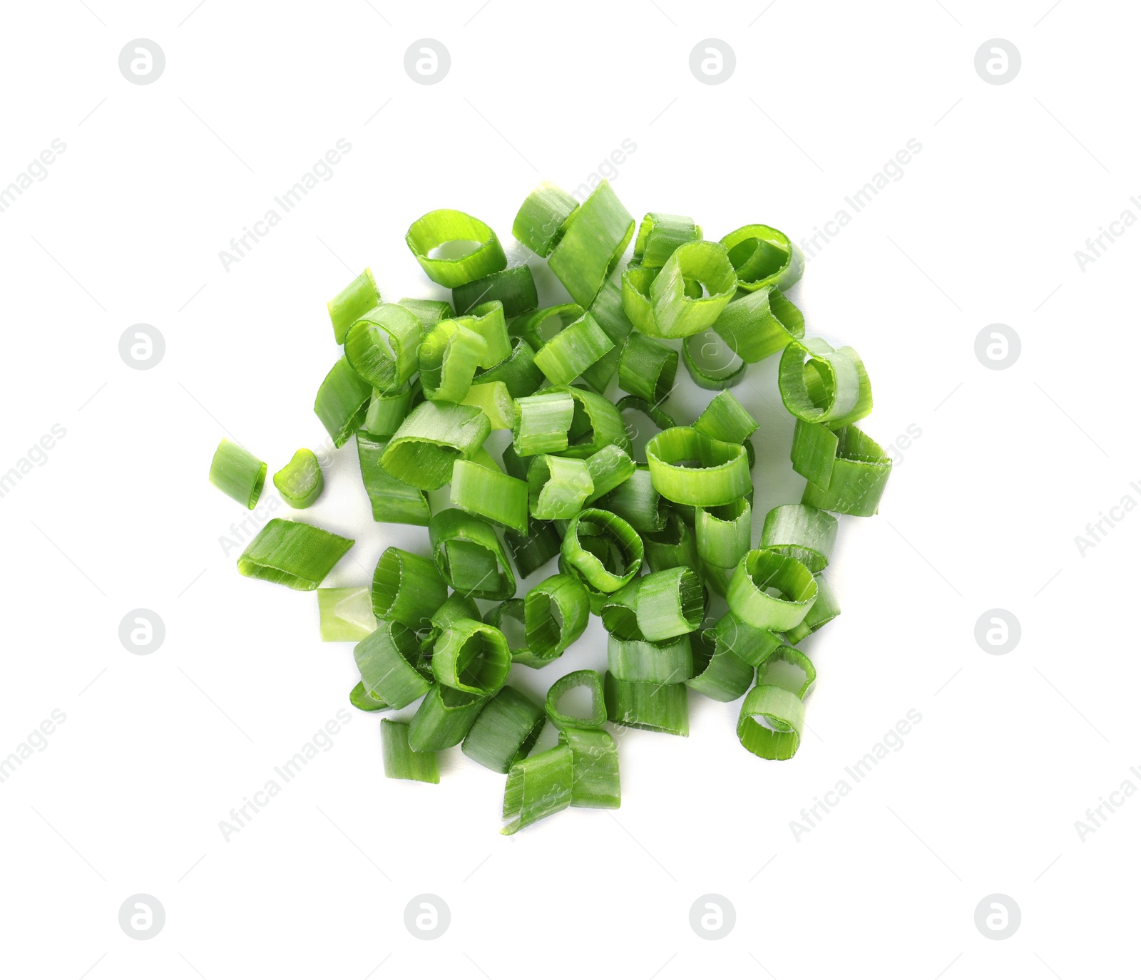 Photo of Cut fresh green onion on white background, top view