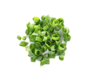 Photo of Cut fresh green onion on white background, top view