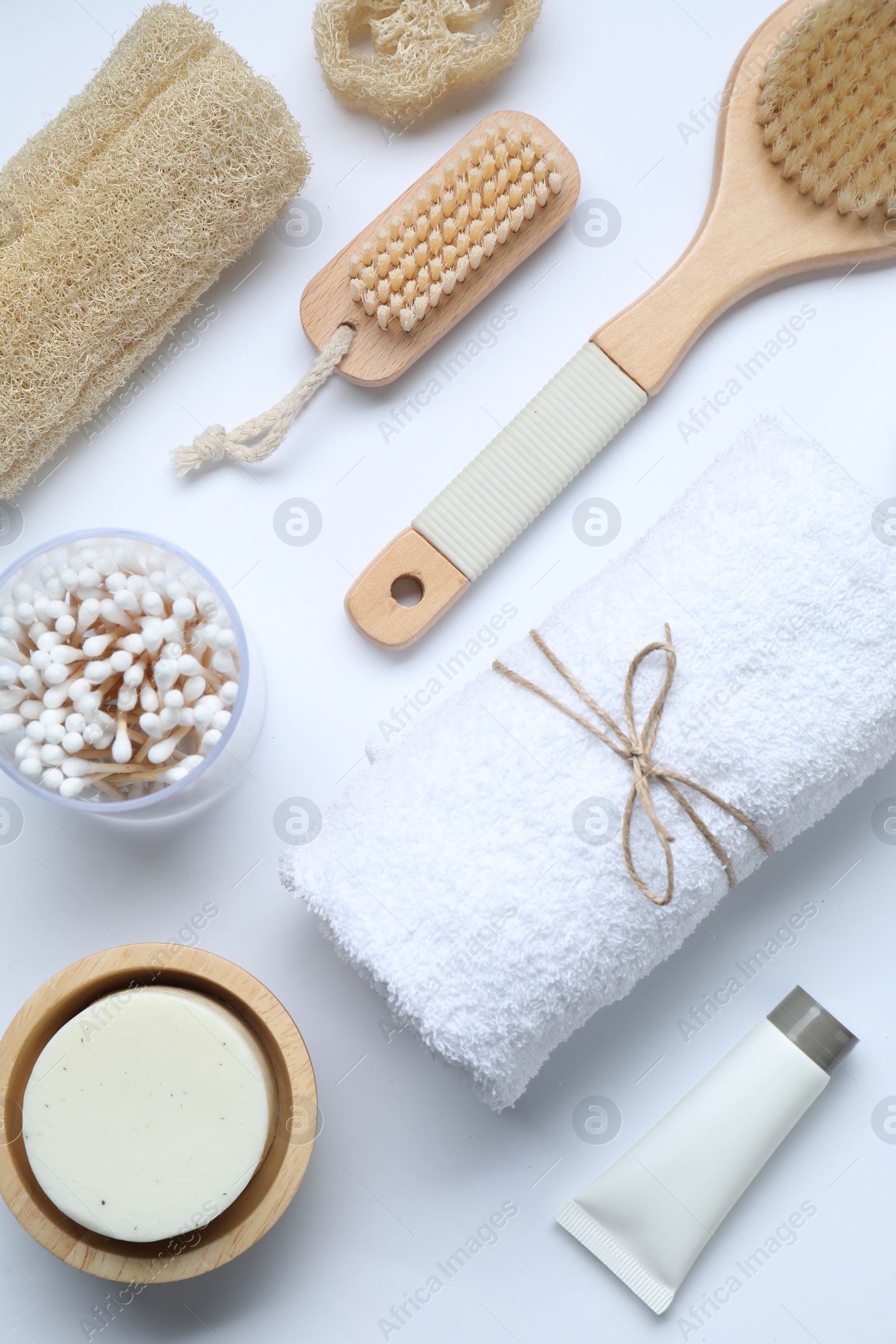 Photo of Bath accessories. Flat lay composition with personal care products on white background