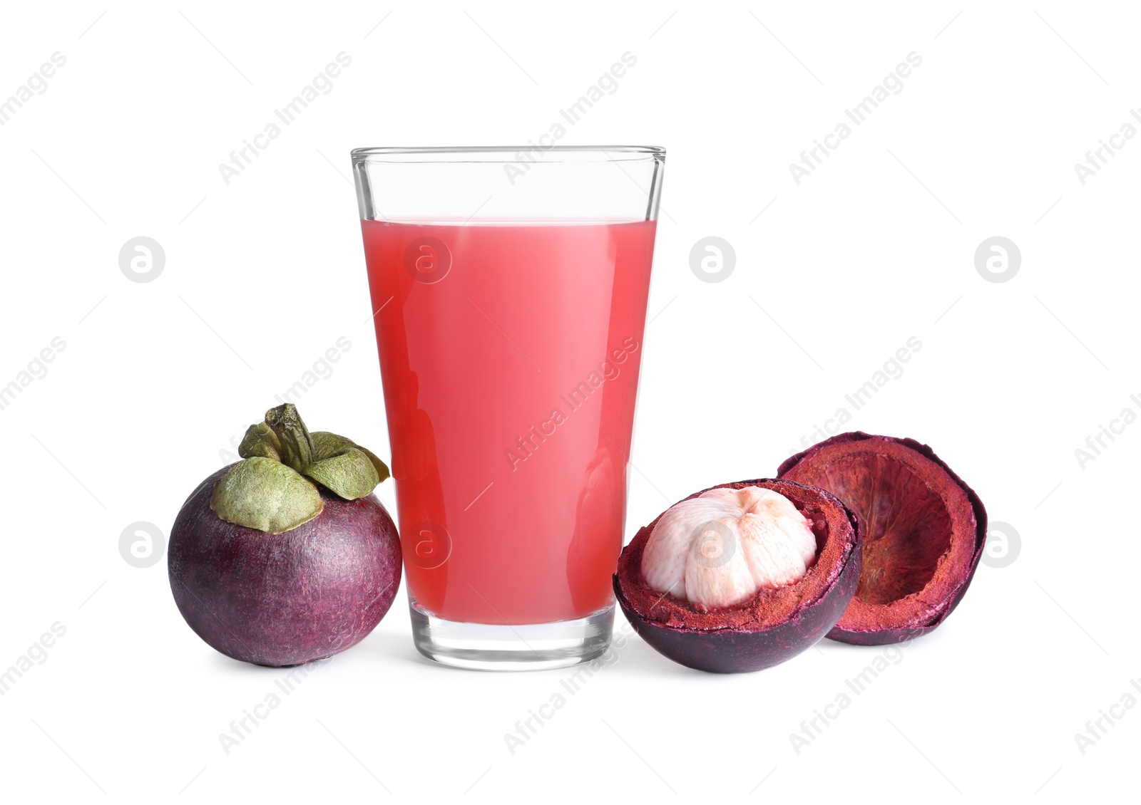 Photo of Delicious mangosteen juice and fresh fruits on white background