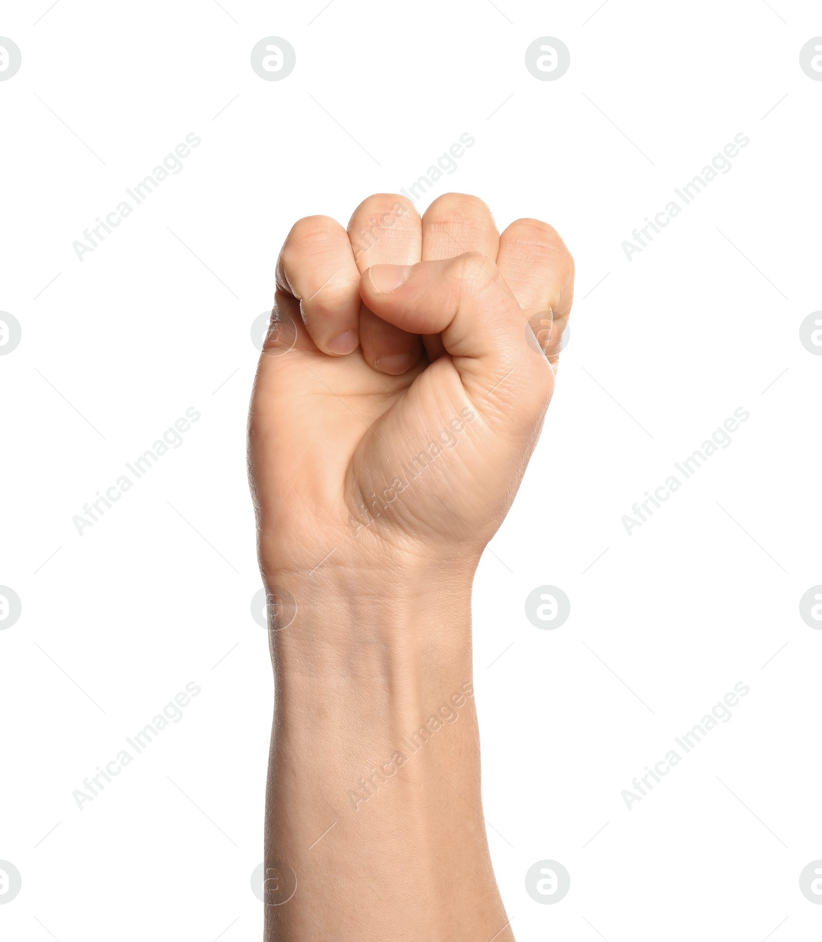 Photo of Man showing S letter on white background, closeup. Sign language