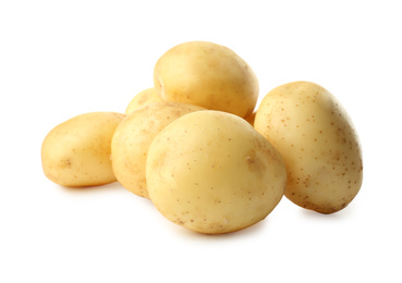 Photo of Fresh raw organic potatoes on white background