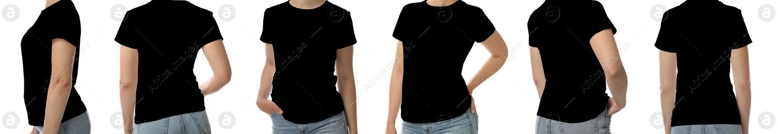 Image of Collage with photos of woman in black t-shirt on white background, closeup. Banner design 