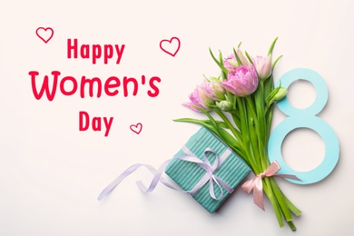 Image of 8 March greeting card design with tulips and gift on white background, flat lay. Happy Women's Day