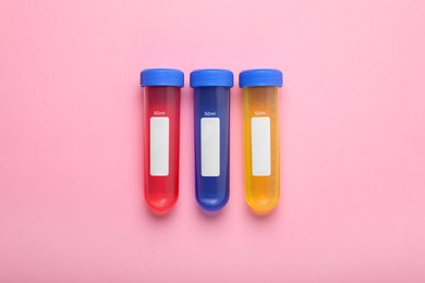 Photo of Test tubes with colorful liquids on pink background, flat lay. Kids chemical experiment set