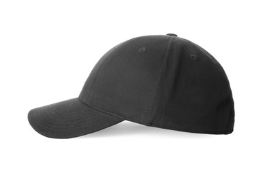 Photo of Stylish black baseball cap isolated on white