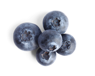 Photo of Fresh ripe blueberries on white background, top view