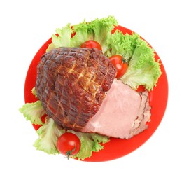 Photo of Plate with delicious ham, lettuce and tomatoes isolated on white, top view