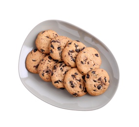 Plate with tasty chocolate chip cookies on white background, top view
