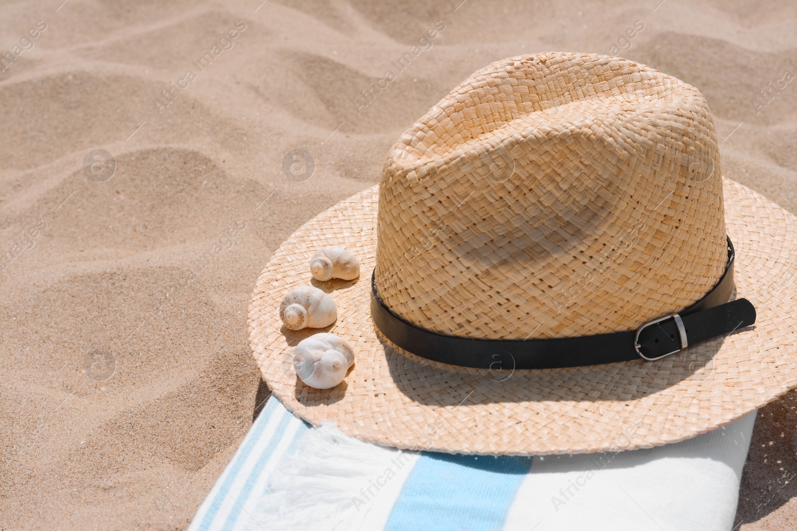Photo of Straw hat with seashells and beach towel on sand, space for text