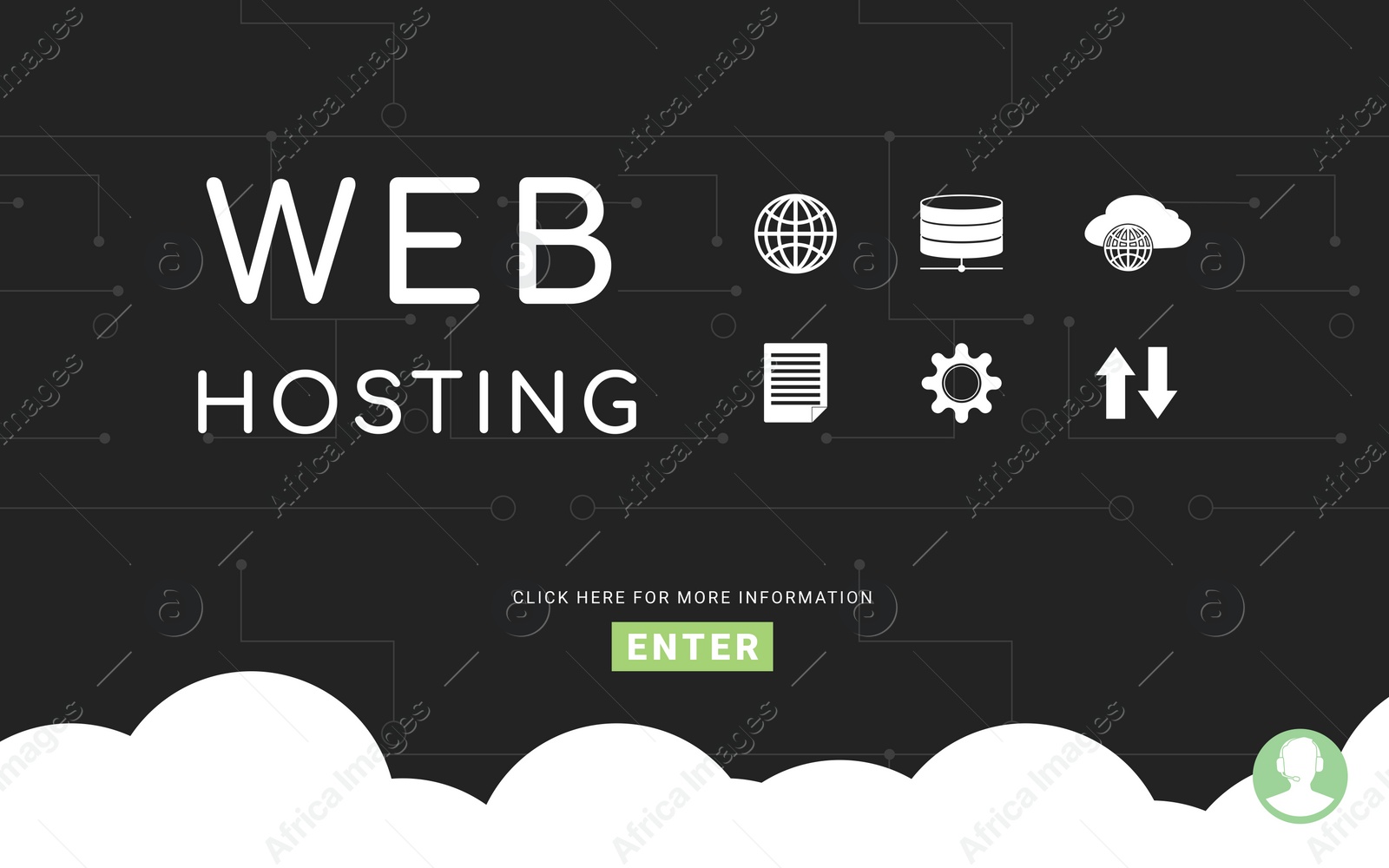 Illustration of Web hosting service. Homepage with different icons, illustration