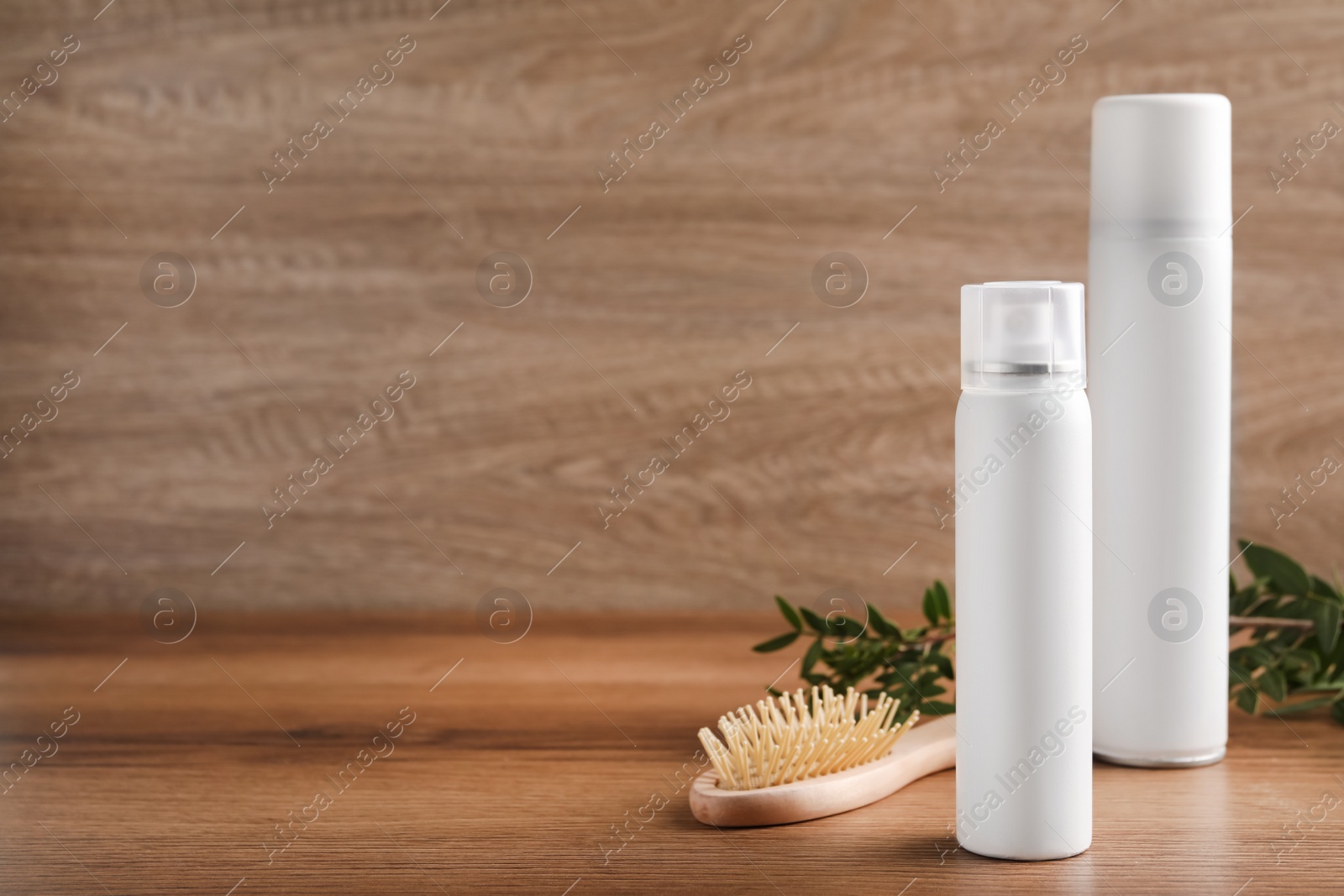 Photo of Dry shampoo sprays, green leaves and hairbrush on wooden table. Space for text