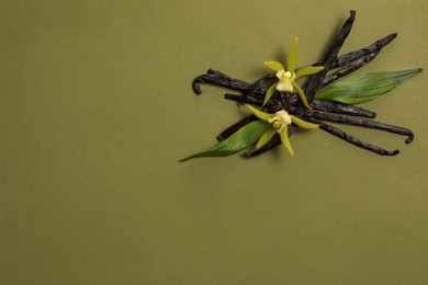 Vanilla pods, beautiful flowers and green leaves on olive color background, top view. Space for text