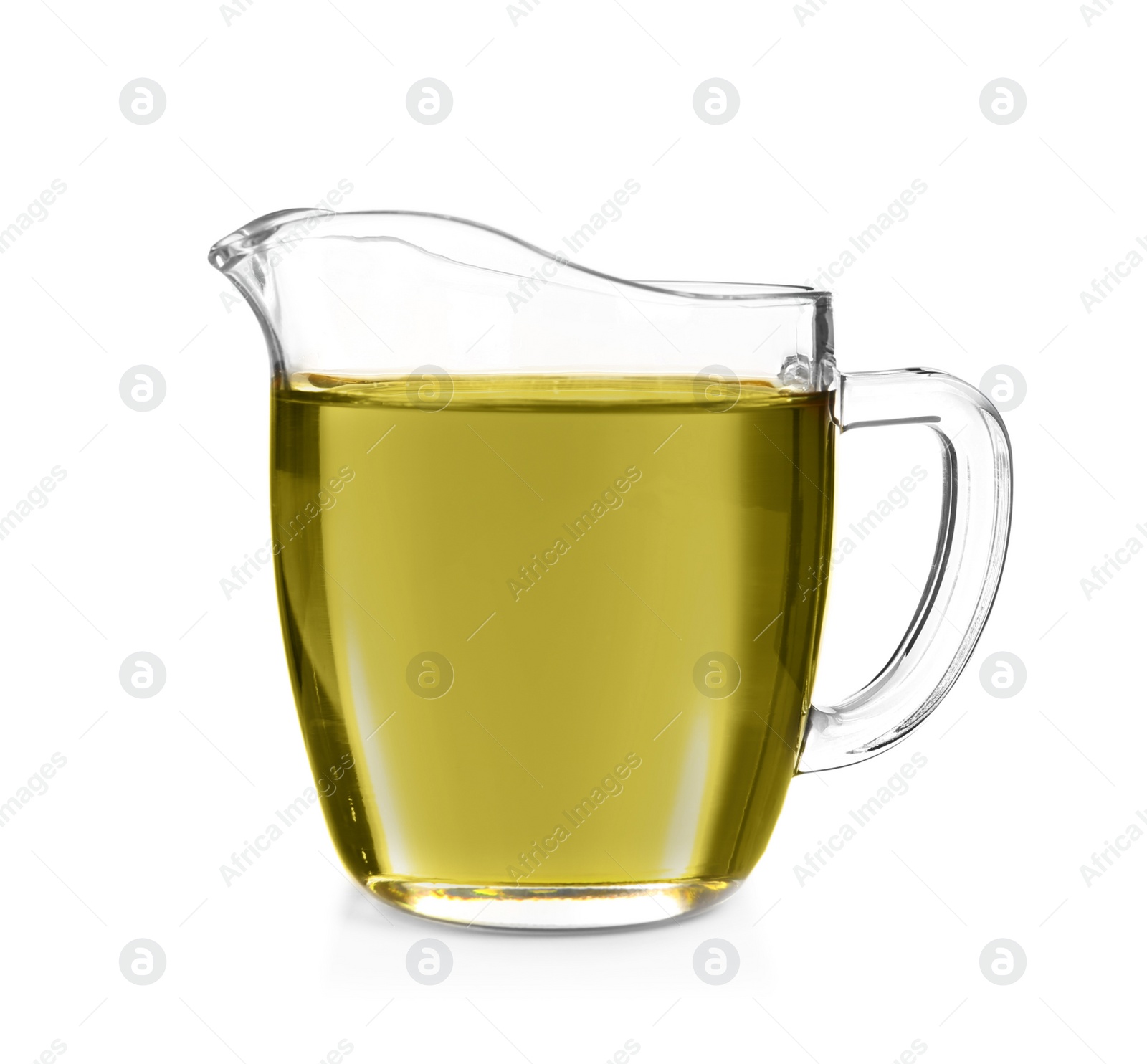 Photo of Jug with hemp oil on white background