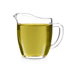 Jug with hemp oil on white background