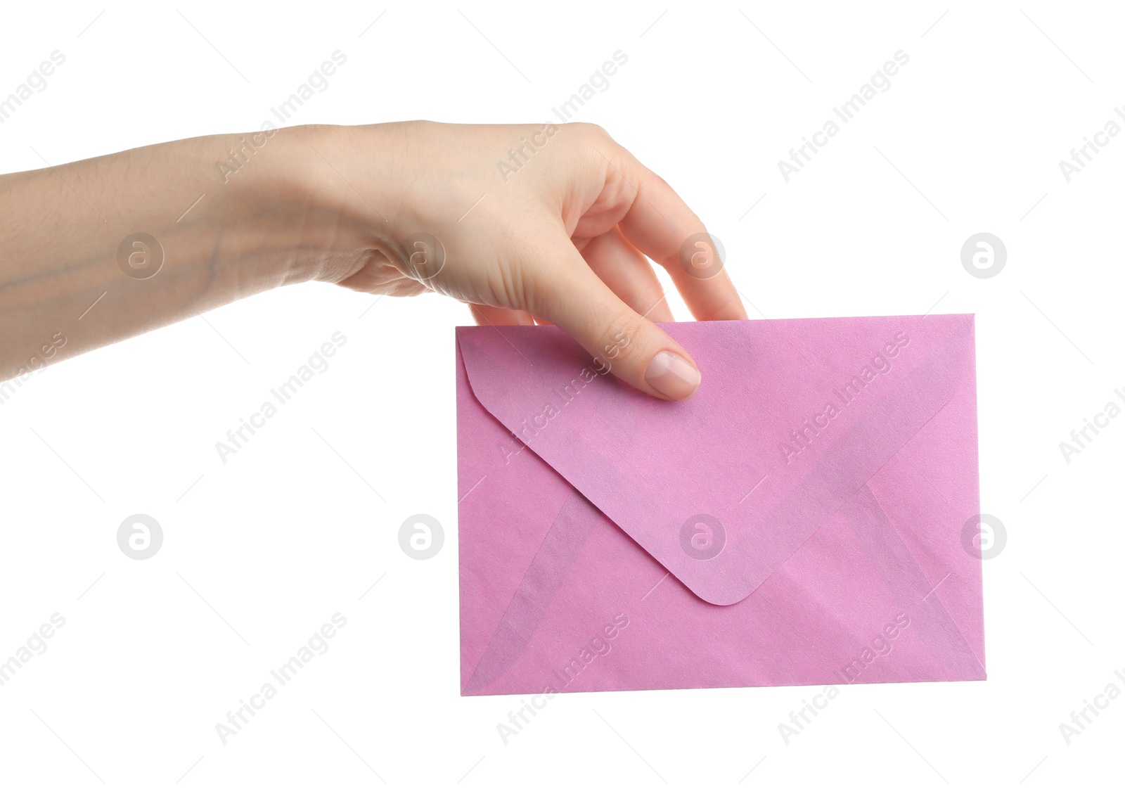 Photo of Woman holding pink paper envelope on white background, closeup