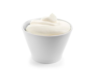 Ceramic bowl with fresh sour cream isolated on white