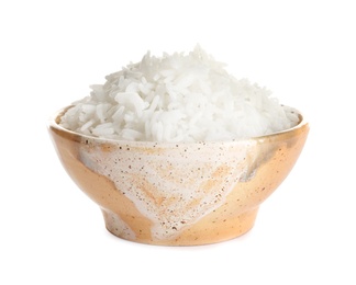 Bowl of tasty cooked rice on white background