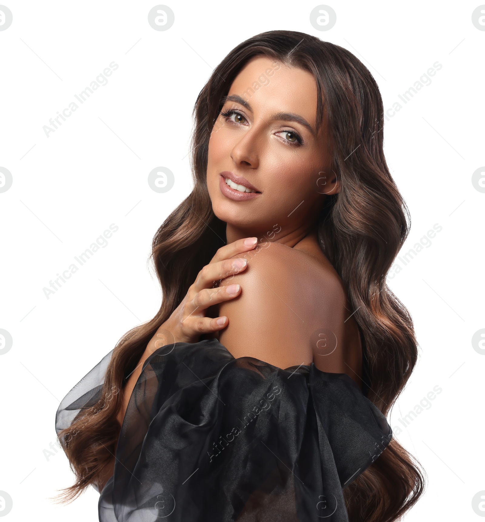 Image of Gorgeous woman with shiny wavy hair on white background. Professional hairstyling