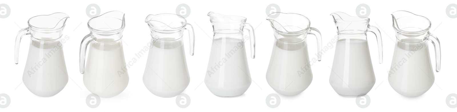 Image of Fresh milk in jug isolated on white, set