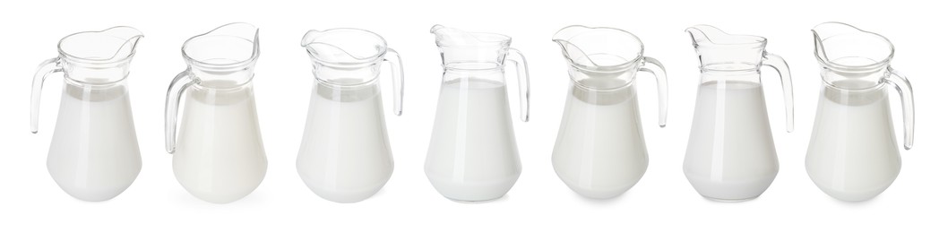 Image of Fresh milk in jug isolated on white, set