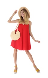 Young woman wearing stylish red dress on white background