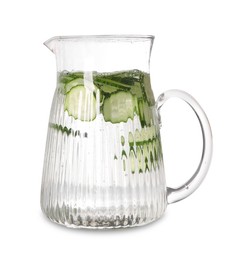 Refreshing cucumber water in jug isolated on white