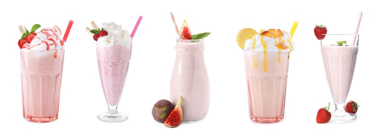 Set with different milk shakes on white background